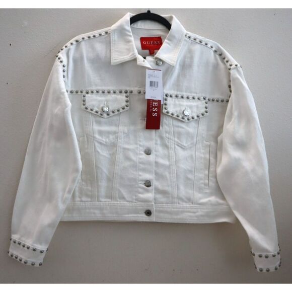 Guess Women's Sz S Kikoi Flower White Cara Floral Studded Denim Jacket - Picture 1 of 14